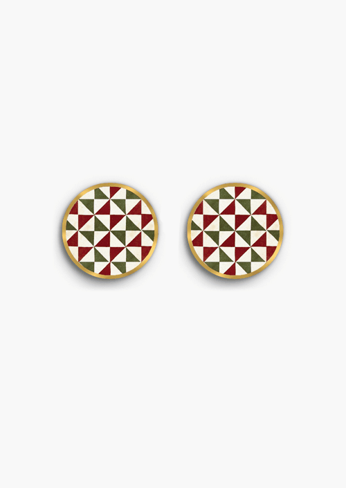 Round button earrings modernist tiles triangles