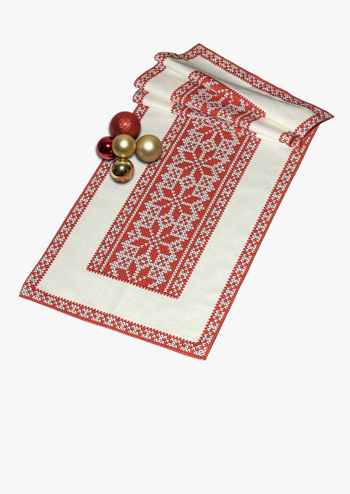 Table runner with Christmas fabric motif in red and white