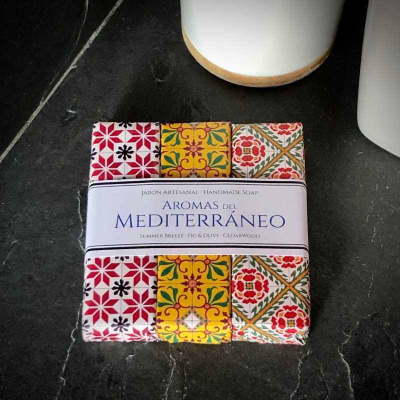Trio of handmade soaps from the Tiles collection. Talc, fig and olive and cedar fragrances