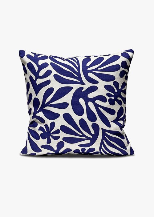 Cushion cover size 45 x 45 cm, organic shapes in cobalt blue and bench