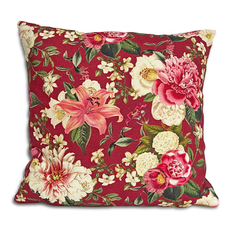 Vintage garden bordeaux cushion cover, floral design on a maroon background