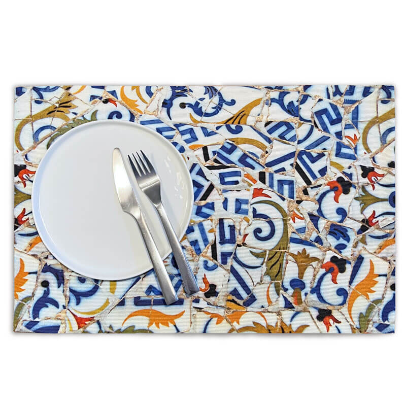 Individual de mesa en tela de algodón y colorido diseño en tonos azules