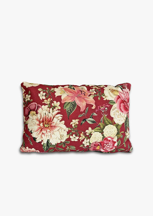 Cotton fabric cushion cover with a floral design on a maroon background