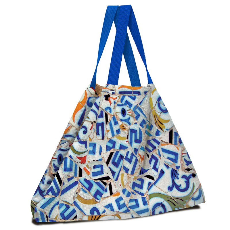 Bolso grande de tela de algodón con diseño en azul, blanco y amarillo inspirado en Gaudí