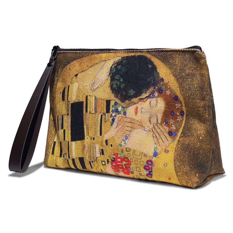 Cotton fabric vanity case with leather handle, fabric printed with the work The Kiss by Gustav Klimt