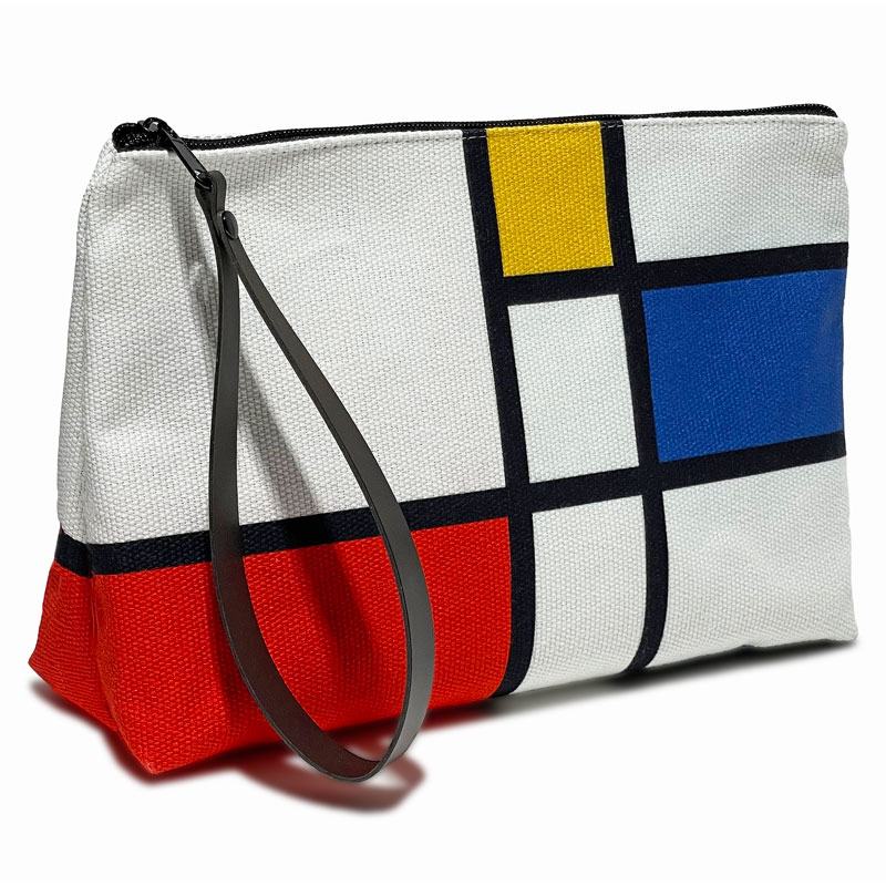 Toiletry bag with leather handle, geometric composition of bright colors on a white background