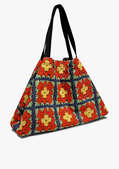 Cotton bag with crochet design in red, yellow and blue colors
