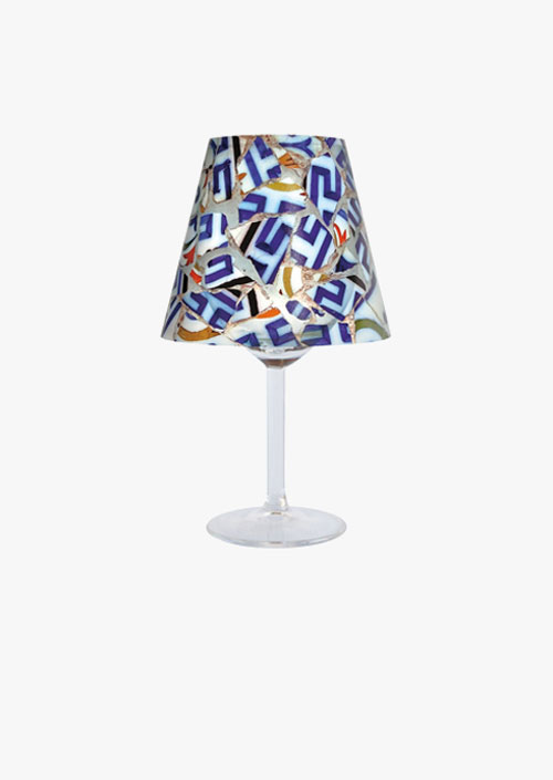 Lampshade with bronken mosaic design in blue, white and orange colors