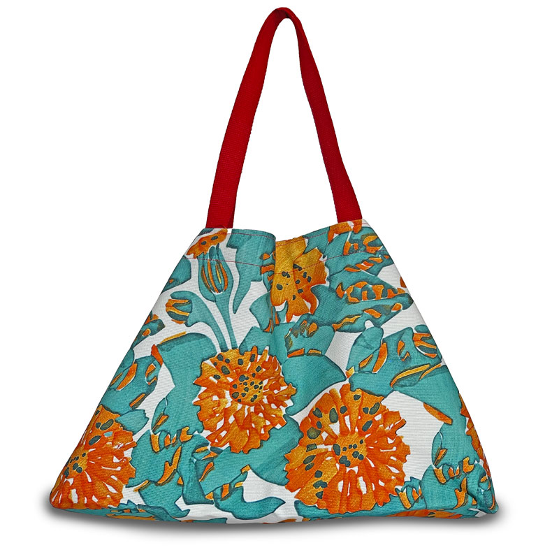 Oversize bag with design in turquoise, orange and red tones