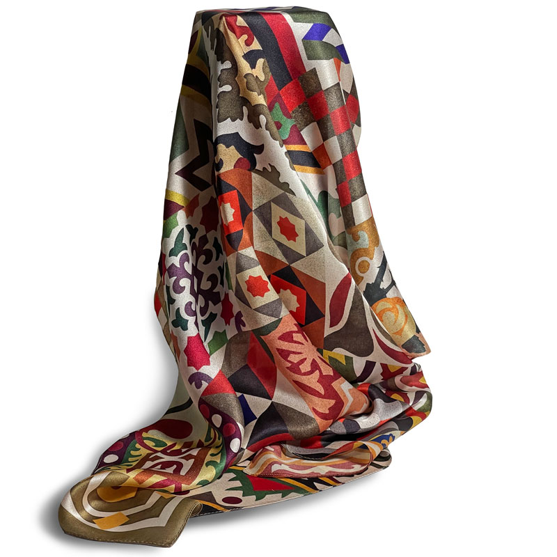 Square silk satin foulard with a design inspired by modernist tiles