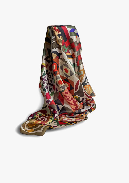 Silk satin scarf with modernist tile design