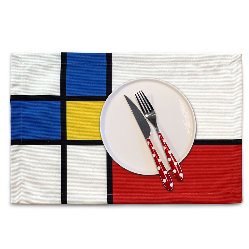 Table placemat with design in red, yellow, blue, white and black
