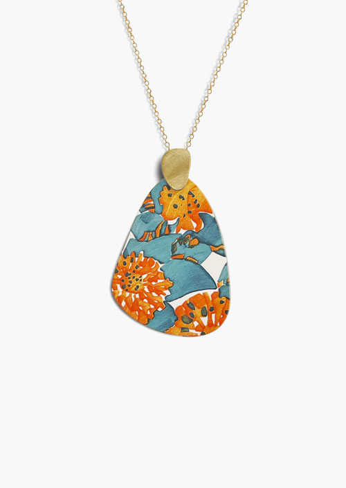Pendant with floral design in turquoise and orange