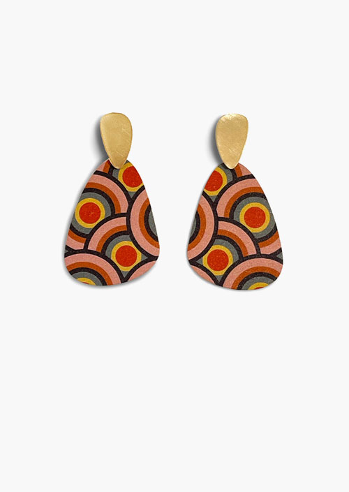 Earrings with circle design in red, orange, green, yellow and black